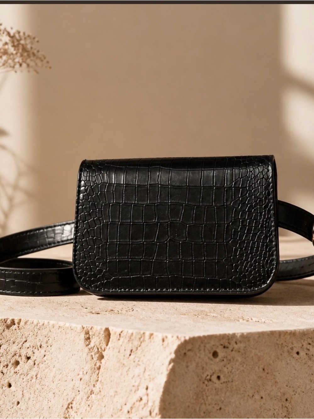 Black Croc-Embossed Leather Belt Bag